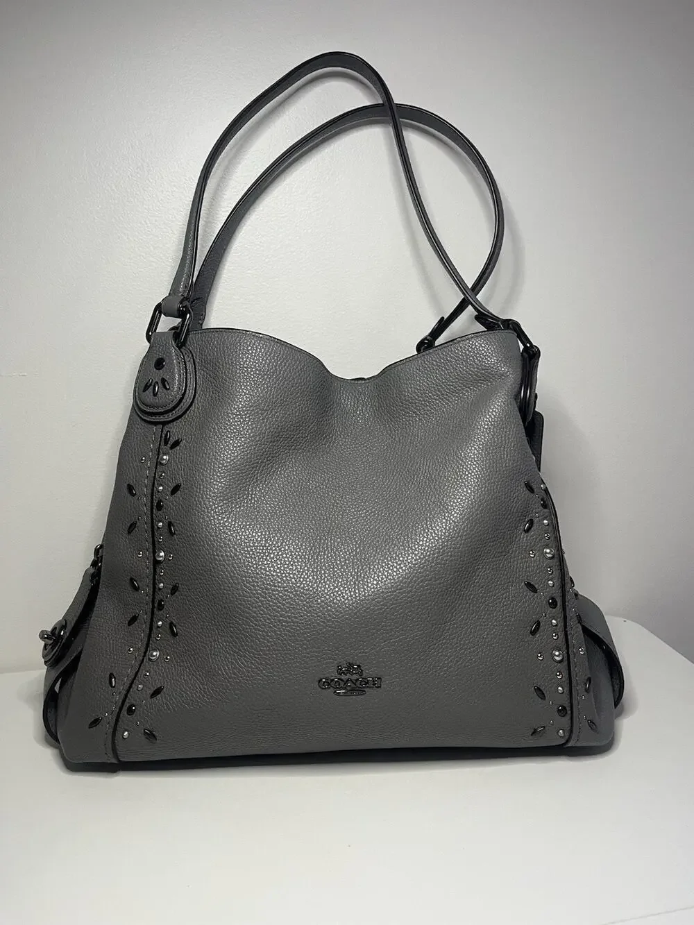 COACH Edie Shoulder Bag 31 Prairie Rivets Gray Pebble Leather Gunmetal 22794 EUC